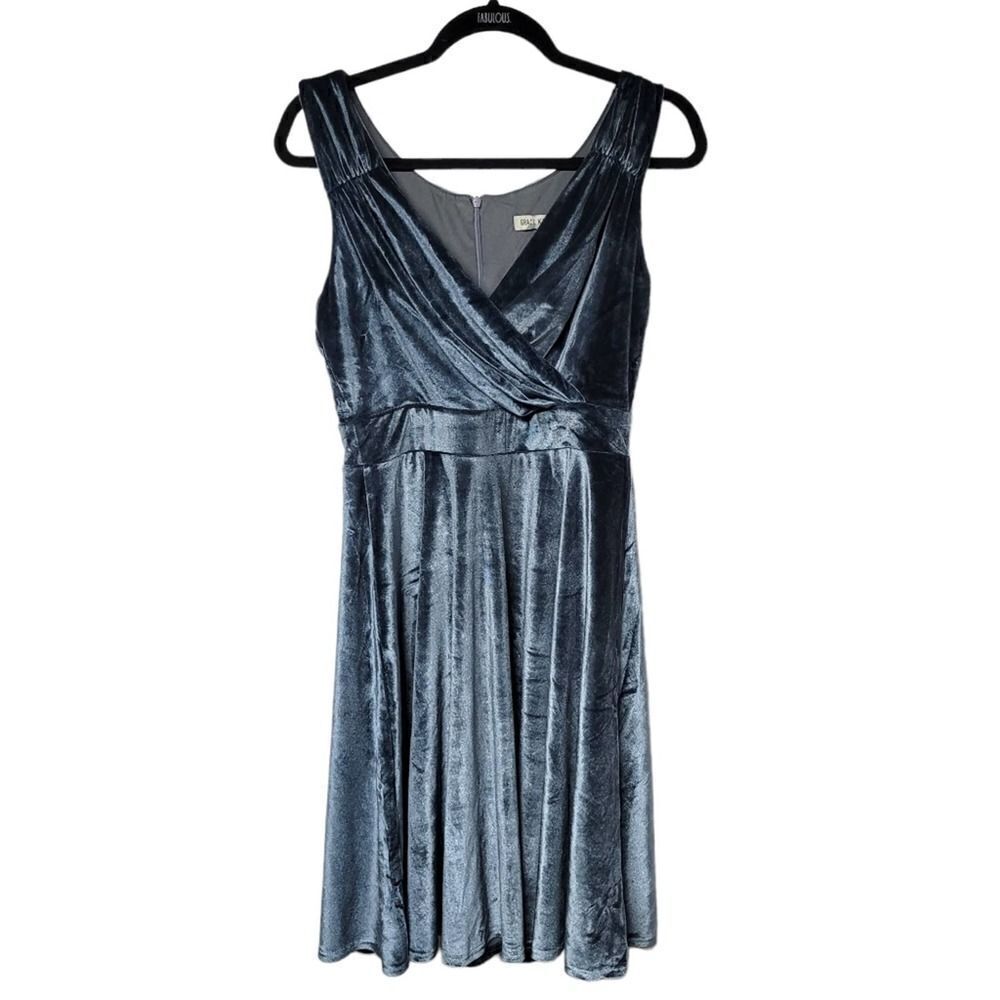 Grace Karin blue velvet fit flare dress knee-length v-neck wrap holiday dress M